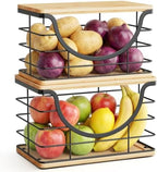 ALOCEO 2 Pack Stackable Wire Storage Basket with Bamboo Lid, Large Garbage Bag Dispenser for 13/30/33 Gallon Bags, Stainless Steel Kitchen Storage Bins for Potato and Onion, Black by ALOCEOWallHooksAdhesive