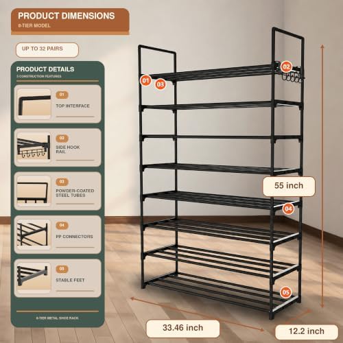 Hsscblet 8-Tier Metal Shoe Rack for Closet and Entryway with Hooks, Black - Image 5