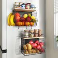 Wawocs Magnetic Shelf for Fridge with Wood Lid, 2 Tier Fruit Baskets Wall Mounted Hanging Basket with 4 Hanger Hooks, Potato and Onion Magnetic Storage Bins for Kitchen Counter, Refrigerator, Cabinet by Wawocs