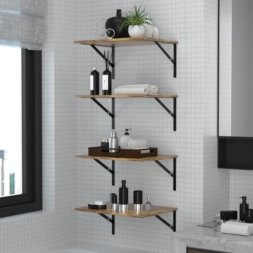 Deep Floating Wall Shelves - 4 Sets of 12 Inch Wide Rustic Brown Wood Shelves for Bathroom, Bedroom, Kitchen, Living Room - Image 7