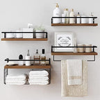 Wood Floating Shelves Wall Mounted - 4+1 Tier Rustic Bathroom Wall Shelves Over Toilet with Wire Storage Basket and Towel Bar, Set of 4 Farmhouse Floating Shelf for Bathroom, Kitchen, Bedroom. by LUDORU