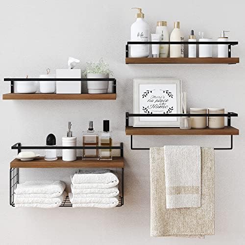 Wood Floating Shelves Wall Mounted - 4+1 Tier Rustic Bathroom Wall Shelves Over Toilet with Wire Storage Basket and Towel Bar, Set of 4 Farmhouse Floating Shelf for Bathroom, Kitchen, Bedroom. by LUDORU
