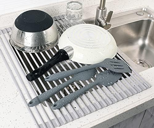 Surpahs 20.5 x 15.5 Inch Roll-Up Dish Drying Rack, Fits Across Sink Openings up to 19.5 Inches, Heavy-Duty Premium Silicone, Strong Support, Non-Slip, Heat-Resistant, Warm Gray - Image 3