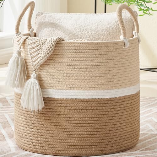 KAKAMAY Large Blanket Basket (18"x18"x16"),Woven Baby Laundry Hamper for Storage, Cotton Rope Blankets Baskets for Nursery, Laundry, Living Room, Pillows, Baby Toy chest with Handles (Light Brown) by KAKAMAY