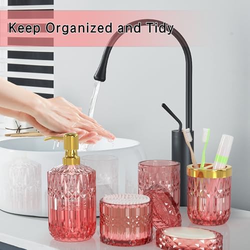 New Pink Glass Bathroom Accessories Set 5 Pcs, Pink Bathroom Set, Soap Dispenser and Toothbrush Holder Set, Qtip Holder Set, Vintage Bathroom Sink Set, Cute Bathroom Decor - Image 3