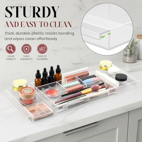 4pack Shallow Expandable Drawer Organizer, Adjustable 12.5”–20” Clear Plastic Drawer Organizer Tray for Vanity Bathroom Desk Kitchen Drawers, Multi Compartment Storage - Image 6