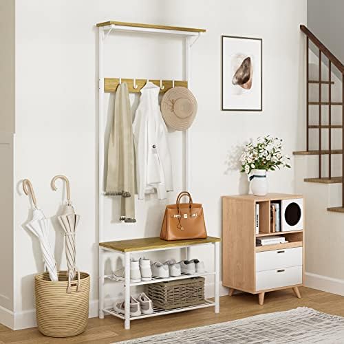 Hall Tree with Bench and Shoe Storage, 3-in-1 Coat Rack Shoe Bench, Freestanding Wooden Coat Rack with Metal Frame, 3-Tier Storage Shelf and 5 Removable Hooks, White - Image 4