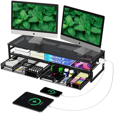 Simple Trending 2-Tier Metal Dual Monitor Stand with USB & 2 Drawers, Black by SimpleTrending