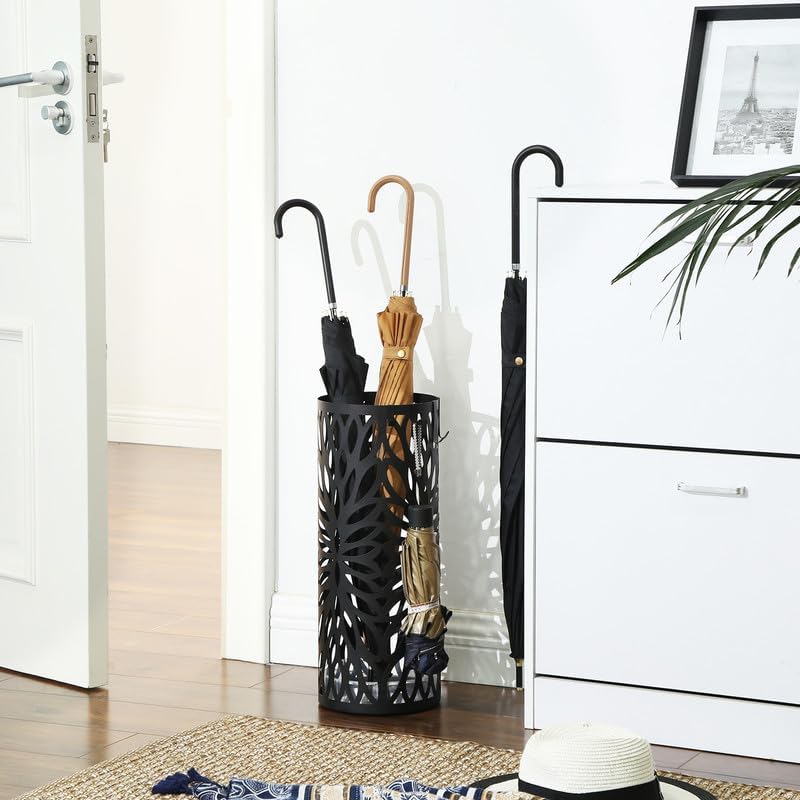 SONGMICS Umbrella Stand, Steel Round, Detachable Drip Tray, 4 Hooks - Image 2