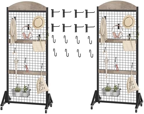 2 Packs Grid Wall Panel 5.7' x 2' FT Grid Display Rack with Wheels, Movable Gridwall Display Stand with 8 S-Shaped Hooks and 8 Garment Hooks, Floorstanding Wire Grid Rack, Greige and Black TCJ17P2BG by Choezon
