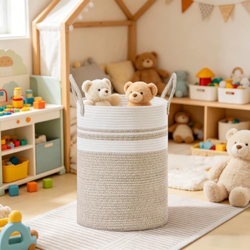53L Tall Cotton Rope Laundry Basket with Handles, White & Brown - Image 6