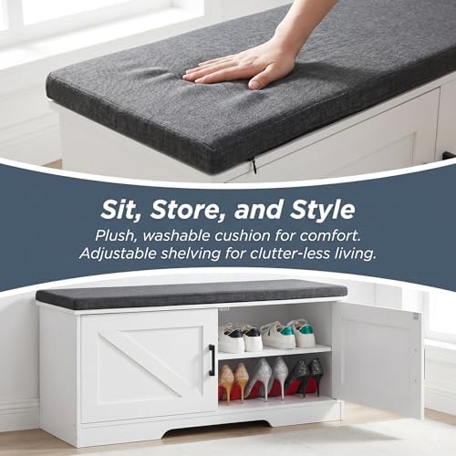 HOMSHO Farmhouse Shoe Storage Bench with 2 Barn Doors & Padded Seat Cushion - Image 5