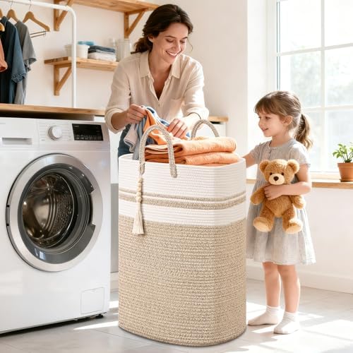 Woven Laundry Basket for Clothes, 80 L Large Rectangle Laundry Hampers with Beads Tassel, Nursery Storage Basket for Toys, Tall Dirty Clothes Hamper for Bedroom Aesthetic, Laundry Room Organization - Image 2
