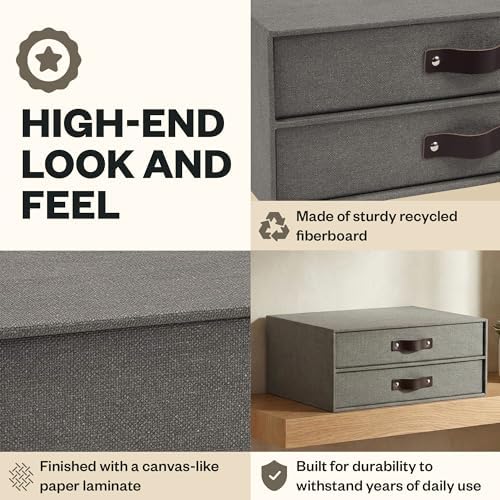 Bigso Birger 2-Drawer Canvas Fiberboard Easy Pull Handle Document Letter Box | Desktop Drawers for Loose Papers and Documents | Desktop Storage Drawers with Leather Handles | 13.1” x 10” x 5.7” | Grey - Image 6