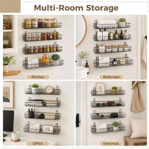 4 Pcs Metal Grid Wall Baskets with Hooks, 15.75 x 3.94 x 1.97 Inch Grid Wall Shelves Hanging Wire Basket Multi Function Storage Organizer for Kitchen Organizing Display (Black) - Image 7