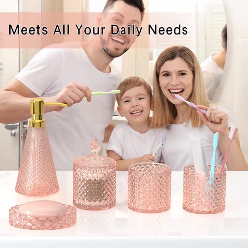 Pink Glass Bathroom Accessories Set 5 Pcs, Pink Bathroom Set, Soap Dispenser and Toothbrush Holder Set, Qtip Holder Set, Vintage Bathroom Sink Set, Cute Bathroom Decor - Image 2