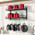 19"- 30" Expandable Hanging Pot Rack, 2 Tier Heavy Duty Wall Mounted Pots and Pans Organizer with 10 Hooks and 5 Pot Lid Holders, Pot Hanger Shelf for Kitchen Cookware Utensils Organizers and Storage by PXRACK
