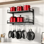 19"- 30" Expandable Hanging Pot Rack, 2 Tier Heavy Duty Wall Mounted Pots and Pans Organizer with 10 Hooks and 5 Pot Lid Holders, Pot Hanger Shelf for Kitchen Cookware Utensils Organizers and Storage by PXRACK