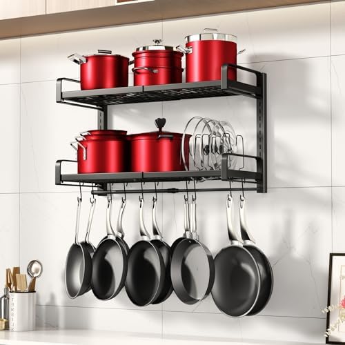 19"- 30" Expandable Hanging Pot Rack, 2 Tier Heavy Duty Wall Mounted Pots and Pans Organizer with 10 Hooks and 5 Pot Lid Holders, Pot Hanger Shelf for Kitchen Cookware Utensils Organizers and Storage by PXRACK