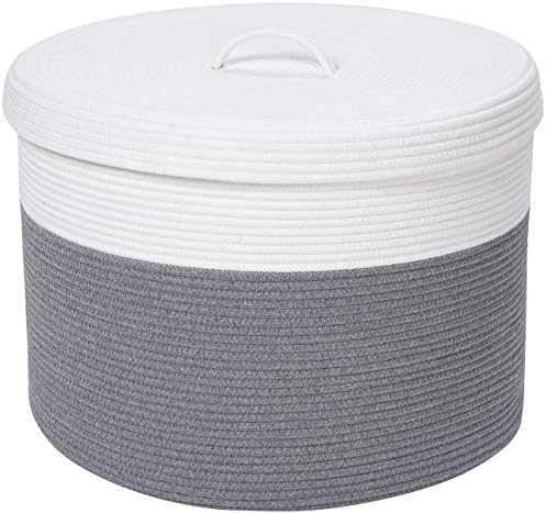 20x15 Inch Extra Large Round Cotton Rope Storage Basket with Lid, Decorative Woven Bin with Cover for Living Room Bedroom Closet, Grey by Cottonphant