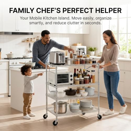 Finnhomy 4 Tier Heavy Duty Commercial Grade Rolling Cart with Handle Bar, Metal Wire Utility Cart with Wheels, Service Trolley on Wheels, Shelf Size 24" D x 36" W, NSF, Chrome - Image 2
