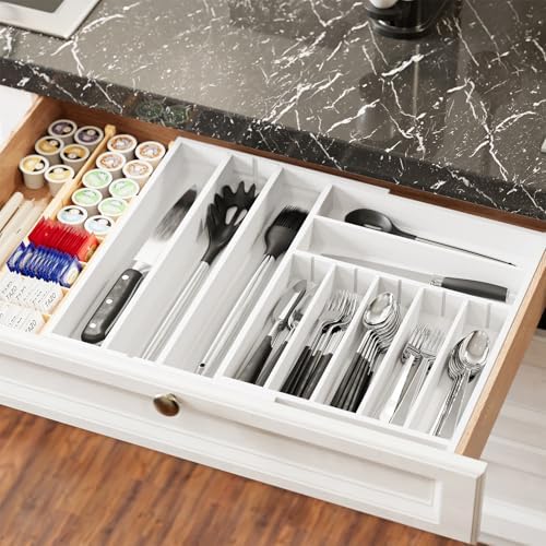 SpaceAid 2.5" High Bamboo Silverware Drawer Organizer with Labels, Kitchen Utensil Expandable Tray Holder for Flatware, Cutlery, Spoon and Knives Drawer Storage Organization (White) - Image 6