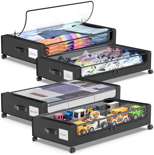 Beborxue Under Bed Storage with Wheels, 4-Pack UnderBed Storage Containers with Clear Lids, XXL 60L Under the Bed Storage Organizer Bins, Rolling Under Bed Metal Drawer for Clothes,Shoes,Toys (Black) by Beborxue-Life