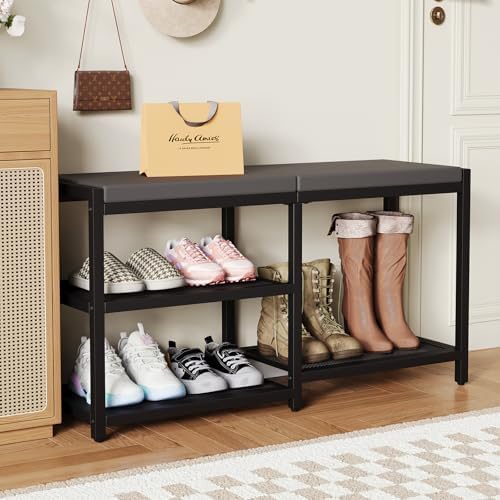 ZHOOGE Shoe Bench & Rack Storage Bench - Entryway Bench with Seat Cushion, Stable Organizer for Entryway & Living Room, Holds Up to 300 lb, (35" L x 12" W x 17" H, Black) by ZHOOGE
