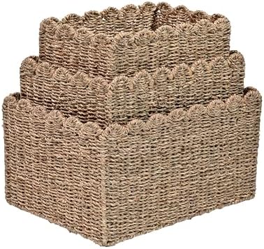 happimess Arden 3-Piece Storage Basket Set Scalloped Seagrass 17", Natural by Happimess