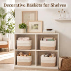 OIASKET 4 Pack Storage Baskets for Organizing, 13"X9"X7.87", Decorative Cotton Rope Baskets for Shelves, Small Woven Basket for Toys, Books and Towels, Brown & White - Image 2