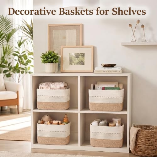 OIASKET 4 Pack Storage Baskets for Organizing, 13"X9"X7.87", Decorative Cotton Rope Baskets for Shelves, Small Woven Basket for Toys, Books and Towels, Brown & White - Image 2