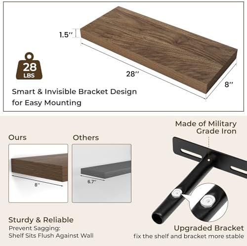 RICHFOCUS Bathroom Floating Shelves for Wall 2Pack|Walnut|28" L - Image 3