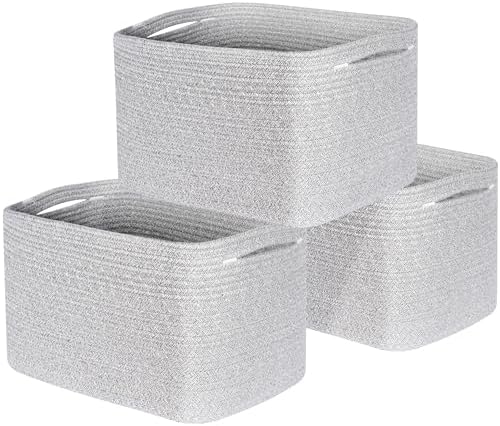 MINTWOOD Design 3-Pack Decorative Woven Storage Baskets for Shelves, Cube Bin Box for Organizing Books, Shoes, Dog Toys, Pantry Closet and Living Room Organizer, Light Gray Mix by MINTWOODDesign