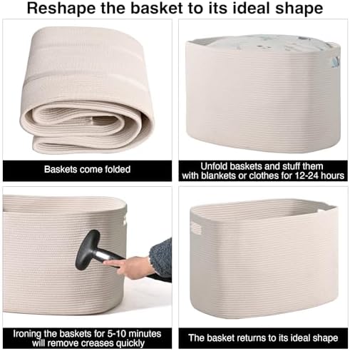 ICERZCZ White Laundry Basket, Blanket Baskets for Living Room, Cotton Rope Baskets for Storage, Woven Basket for Blankets, Toys, Clothes, Shoes, White, 25”x16”x16” (105L) - Image 7