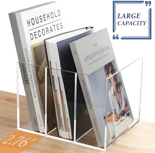 Clear Acrylic Magazine File Holder, 3 Compartment Vertical Desk File Organizer Rack for Folders, Documents, and Books, No Assembly Required, Non-Slip Base - 8.46 x 7.28 x 6.1 IN - Image 3