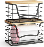 ALOCEO 2 Pack Stackable Wire Storage Basket with Bamboo Lid, Stainless Steel Extra Large Trash Bag Dispenser Roll Holder for Kitchen Sink, Laundry, Pantry Organizer and Storage, Black - Image 5