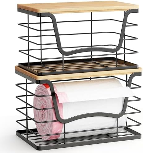 ALOCEO 2 Pack Stackable Wire Storage Basket with Bamboo Lid, Stainless Steel Extra Large Trash Bag Dispenser Roll Holder for Kitchen Sink, Laundry, Pantry Organizer and Storage, Black - Image 5