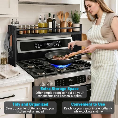Spice Rack Shelf for Kitchen Stove, Over The Stove Shelf with 4 Hooks, Premium Wood & Metal Commbined Spice Rack Organizer Extra Storage Countertop (Black) - Image 7