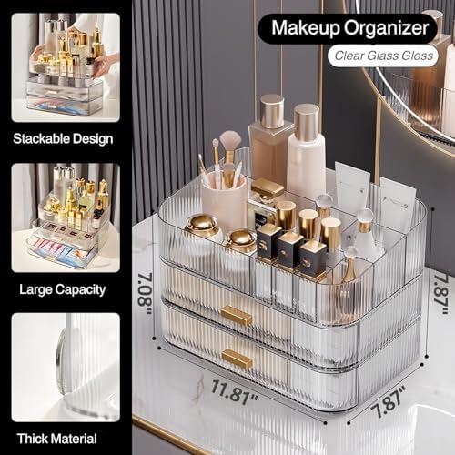 Clear Makeup Organizer for Vanity, Large Desk Organizer with Stackable Drawers for Cosmetics, Skincare, Lipsticks, Eyeshadow Palette, Nail Care, Ideal Storage for Dresser and Bathroom Countertop - Image 4