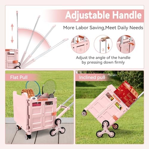 Foldable Utility Cart Portable Crate Rolling Dolly with Telescopic Handle,Can be Pulled diagonally, Magnetic Retractable Lid, 360°Swivel Climbing Wheels for Shopping Carrying Groceries Move Pink - Image 3