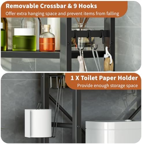 Over The Toilet Storage,4 Tiers Bathroom Organizers Storage Shelves Cabinet with Toilet Paper Holder and 9 Hooks,Toilet Rack for Bathroom,Fit Most Toilets,Black - Image 5
