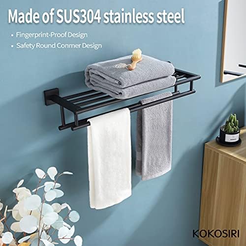 KOKOSIRI Bath Towel Rack with Double Towel Bars Bathroom Towel Shelf 24 Inch Towel Holder Wall Mounted Stainless Steel, Matte Black, B6005BK-L24 - Image 4