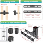 Dolibest Heavy Duty Deck Railing Umbrella Holder, Patio Umbrella Stand & 3 Sleeves for 1-1.9" Poles, Serrated Locking Design for Horizontal/Vertical Rails Mount, Space Saver for Balcony, Fence -1 Set - Image 2