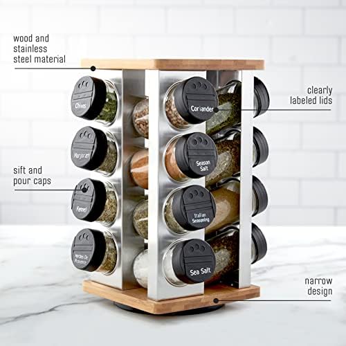 Kamenstein 16 Jar Warner Revolving Countertop Spice Rack Organizer with Lift & Pour Caps and Spices Included,FREE Spice Refills for 5 years,Stainless Steel & Bamboo with Black Caps,16-Jar (Pack of 2) - Image 4