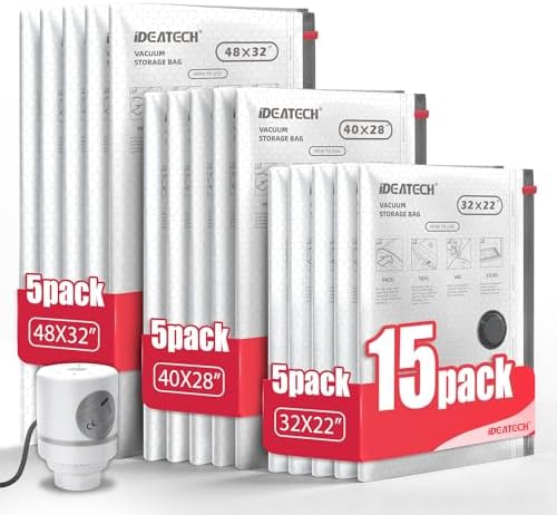 IDEATECH 15Pack Vacuum Storage Bags with Electric Pump, Jumbo Vacuum Seal Bags for Clothing, Bedding & Blanket, Heavy Duty Compression Space Saver with Airtight Seal, Complete Home Storage-5M+5L+5XL by IDEATECH