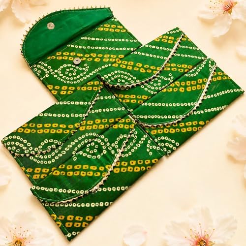 LoveNspire Brocade Fabric Money Envelopes (7.5 x 3.5 Inch) Decorative Bandhani Pattern Shagun Lifafa for Indian Wedding, Birthday | Cash Gift Holder & Home Savings Organizer Green/Pack of 20 by LOVENSPIRE