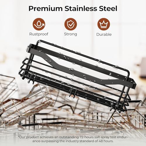 Orimade Shower Caddy Basket Shelf Storage Rack, No Drilling Wall Mounted Adhesive Rust Resistant Stainless Steel Shower Organizer with 5 Hooks for Bathroom, Black 2 Pack - Image 6