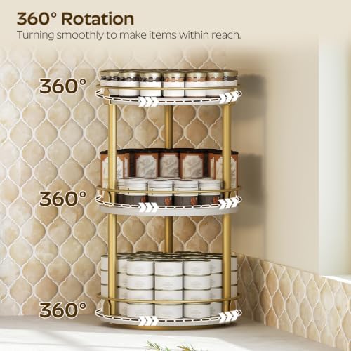Yatiney 3-Tier Lazy Susan, Rotating Spice Rack, Spinning Organizer, Industrial Turntable Spice Rack for Cabinet, Kitchen Countertop, Pantry, White and Gold SR23DW - Image 2
