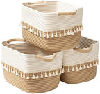 TeoKJ Woven Storage Bin Set of 3, Cotton Rope Basket for Storage, Clothes Boho Basket Bin for Organizing, Fabric Basket for Books, Plants, Pet Treats, White & Jute by TeoKJ