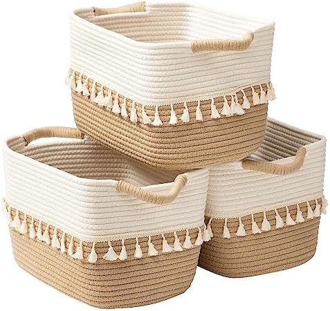 TeoKJ Woven Storage Bin Set of 3, Cotton Rope Basket for Storage, Clothes Boho Basket Bin for Organizing, Fabric Basket for Books, Plants, Pet Treats, White & Jute by TeoKJ